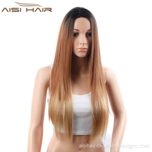 The Best Selling Long Straight Ombre Brown Wigs For Women With Dark Roots Heat Resistant Synthetic Wig